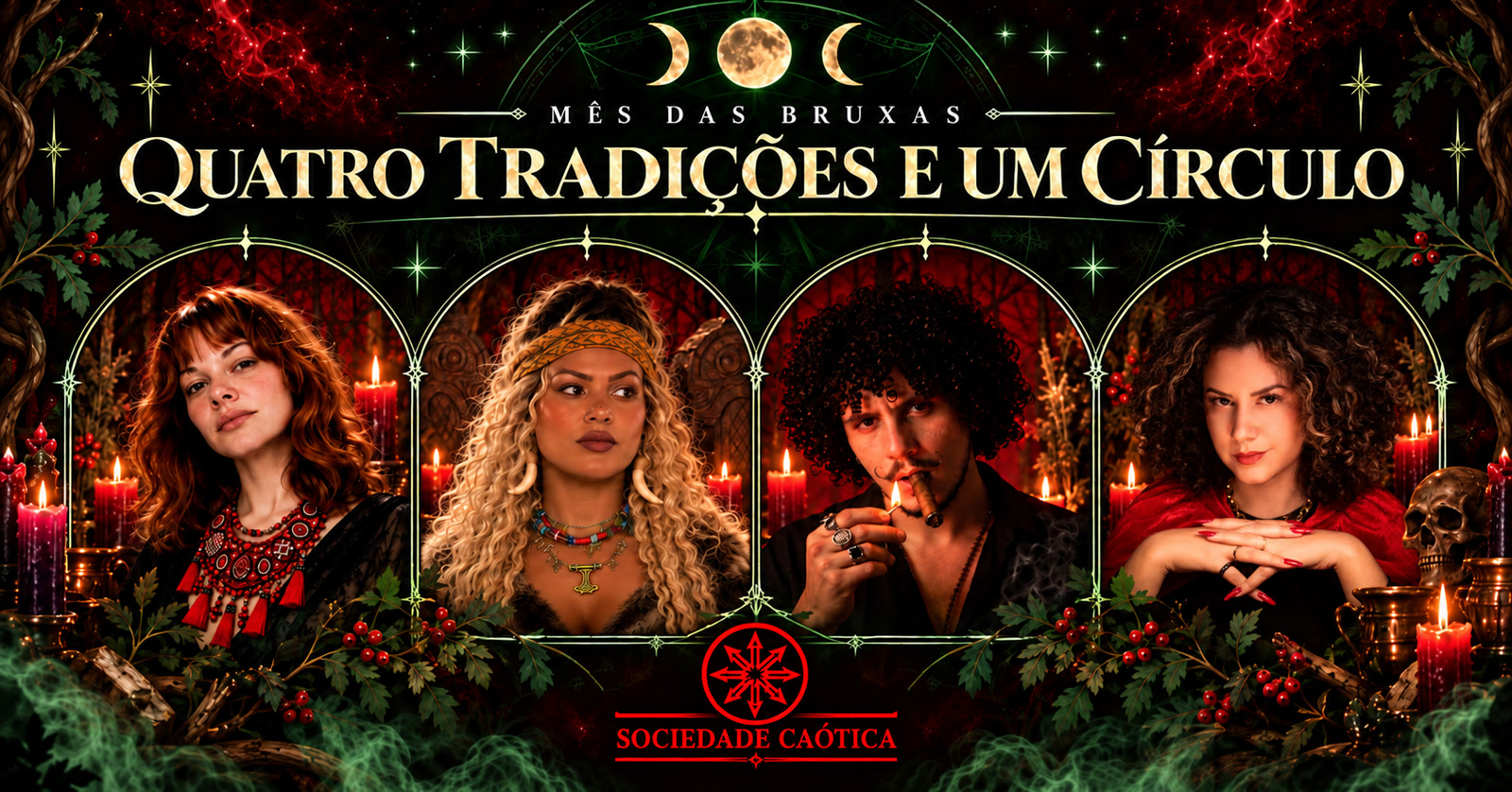 Gladys Wosiack, Haelga Nasryn, Edu Parmeggiani e Thay Nunes em arcos góticos, com o título Quatro Tradições e Um Círculo